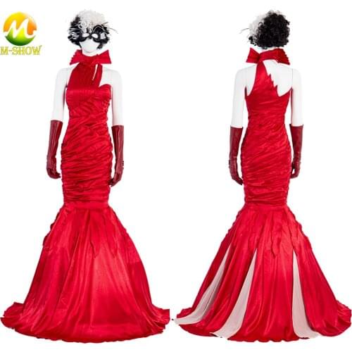 Cruella Cosplay Costume Emma Stone Cruella Villain Ostentatious Red Dress Halloween Party Dresses For Adult Women Custom Made