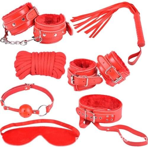 Bondage Toys Leather SM seven pieces set sex bondage adult sex toy bundle set with 5 meters cotton rope restraints bdsm toys