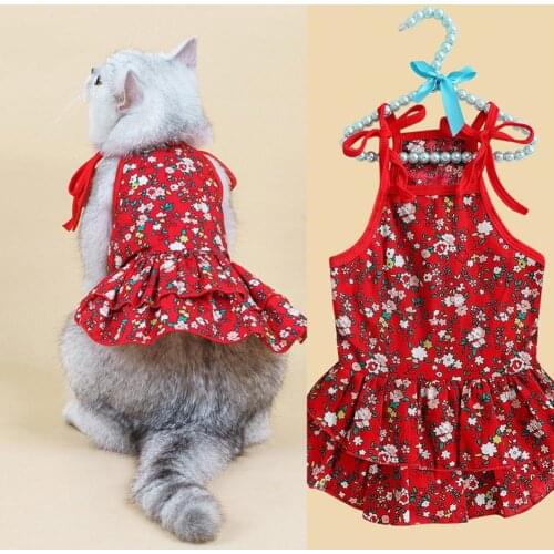 Pet Summer Pullover Skirt Red Floral Print Non-sticky Hair Unisex Puppy Cat Two-legged Summer Skirts Fashion Cotton Pet Clothes
