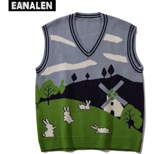 Harajuku contrast color Park rabbit knitted sweater vest mens oversized sleeveless pullover womens retro street hip hop popula