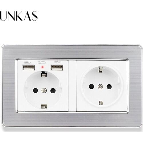 UNKAS Wall Socket EU Standard Power Outlet With Dual USB Smart Induction Charge Port For Mobile 5V 2.1A Stainless Steel Panel