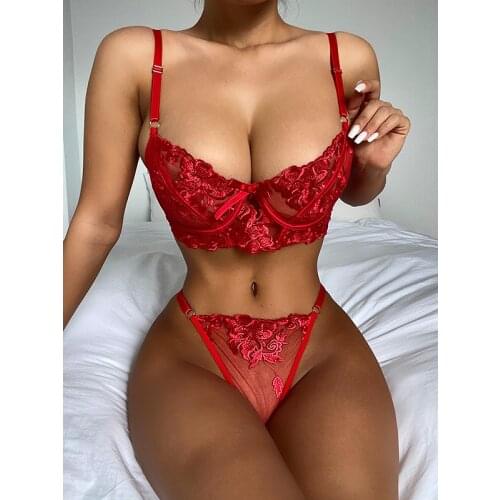 Women Red Sexy Lace Transparent Underwear Briefs Push Up Gather Bra Set Lady Lingerie G-string Panties Hot Temptation Clothing