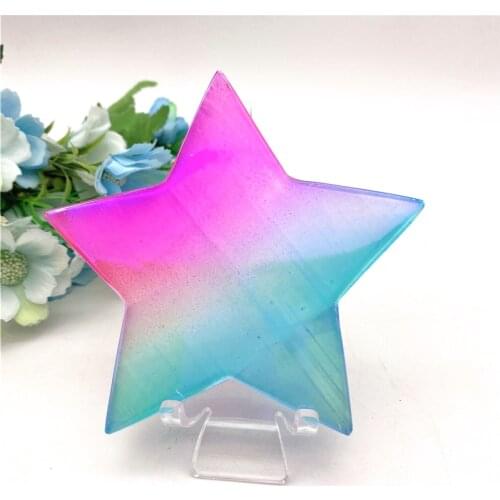 NEW Electroplated Blue and Pink Titanium Aura White Selenite Crystal Stars Moons Shaped Healing Crystal Stones Crafts Decor Gift