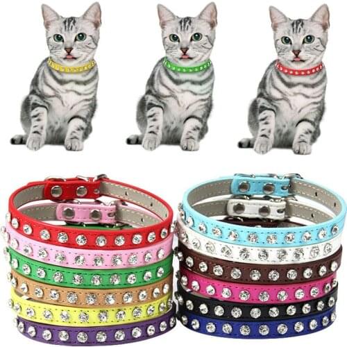 PU Shining Diamond Rhinestone Cat Collar Leather Puppy Dog Collars Cute Fashion Dog Collar Strap Kitten Accessories Pet Products