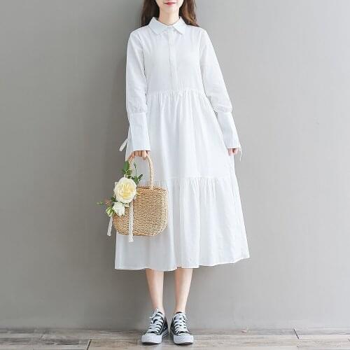 New Autumn Fashion Elegant Loose Straight Dress Women Solid Color Dresses Long Sleeve White Dresses Casual Robes Clothes