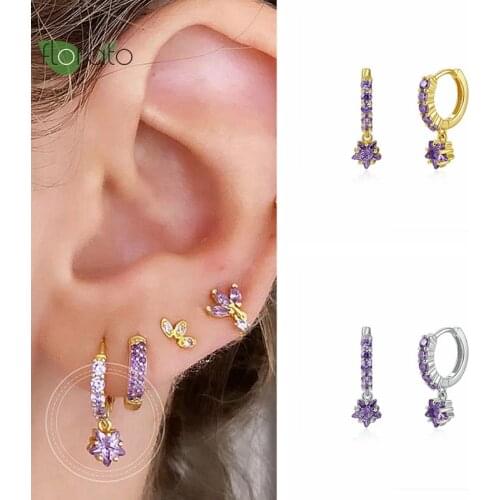 Ladies Fashion Jewelry 925 Sterling Silver Zircon Charm Perforated Lilac Star Hoop Earrings Birthday Party Gift