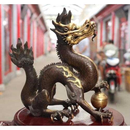 Old China Bronze Copper Feng Shui Lucky Gilt Zodiac Animal Dragon Statue