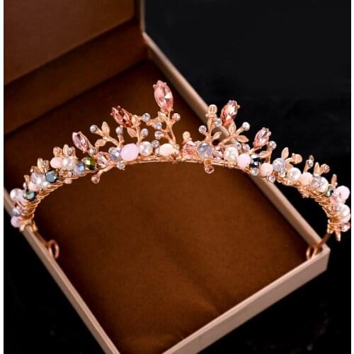 Baroque Vintage Champagne Crystal Tiaras And Crowns Handmade Pearl Women Bridal Wedding Hair Accessories Princess Diadems Party