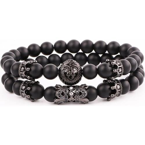 High Quality Natural Matte Onyx Stone Beads Cubic Zircon Crown Charm Elastic Beads Bracelet Set Jewelry Men