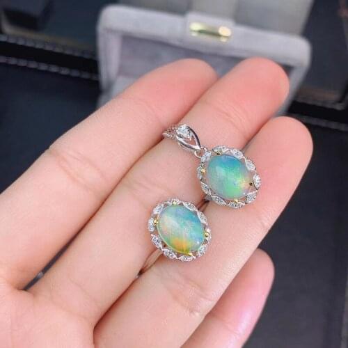 Fine Jewelry 925 Sterling Silver Natural Opal Luxury Girl Ring Pendant Suit Support Test Wedding Jewelry Sets