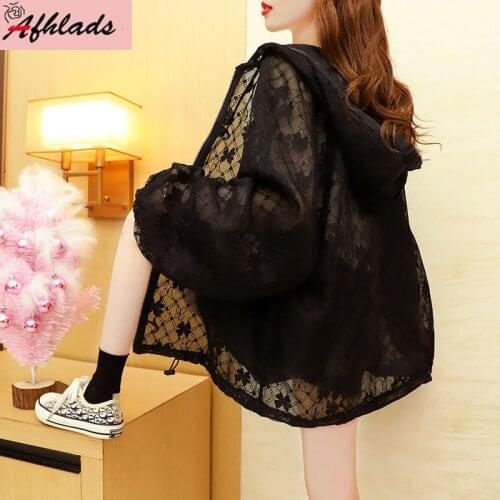 Spring Long Sleeve Hollow Out Lace Outerwear Solid Color Loose Zipper Hooded Collar Embroidered Flower Jacquard Jackets Coats