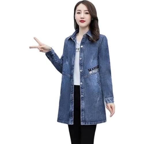 SpringAutumn New Womens Denim Jacket Mid Long Casual Ladies Jeans Coat Women Coat Outwear Female Cowboy Windbreaker JacketR1461