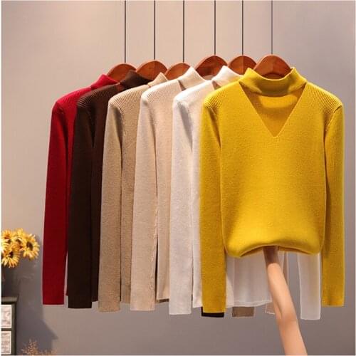 Sweater women spring autumn new sexy mesh splicing half-high collar sweater long-sleeved slim All-match bottoming sweater D223