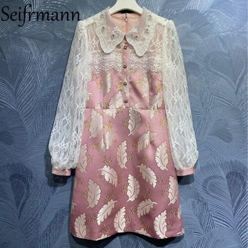 Seifrmann New 2021 Summer Women Fashion Runway Party Mini Dress Lantern Sleeve Gorgeous Lace Beading Patchwork Dresses Vestidos