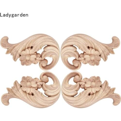 4PCS Woodcarving Decal Corner Applique Frame Door Decorate Wall Furniture Decorative Statues Wooden Sculptures Statue Figures