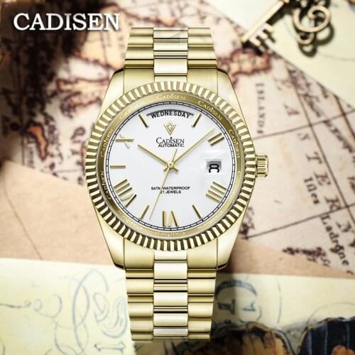 NEW CADISEN Gold White Watches For Men Automatic Date Watch Waterproof MIYOTA 8285 Movement Stainless Steel Relogio Masculino