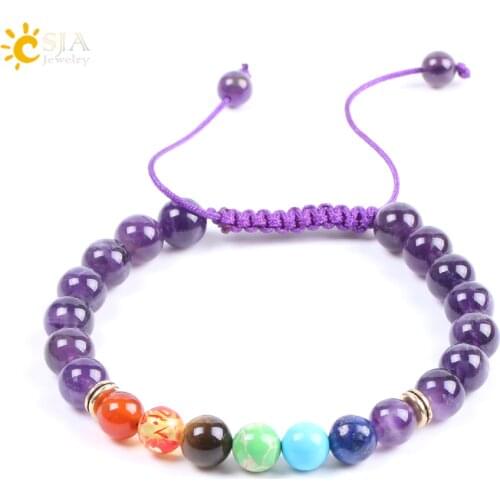 CSJA Natural Stone Bracelets Purple Quartz 7 Chakra Beads High Quality Handmade Rope Adjustable Yoga Healing Trendy Bangles F100