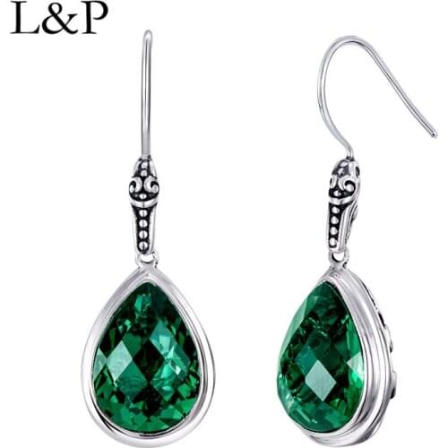 L&P Genuine 925 Sterling Silver Crystal Long Drop Earrings Vintage Elegant Green Gemston Wedding Fine Jewelry For Women Gifts