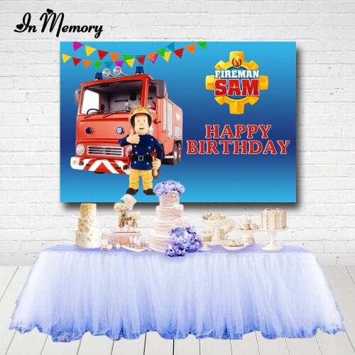 InMemory Fireman Sam Boys Birthday Party Photography Backdrop Blue Theme Red Firefighter Engine Kids Background Custom Photocall