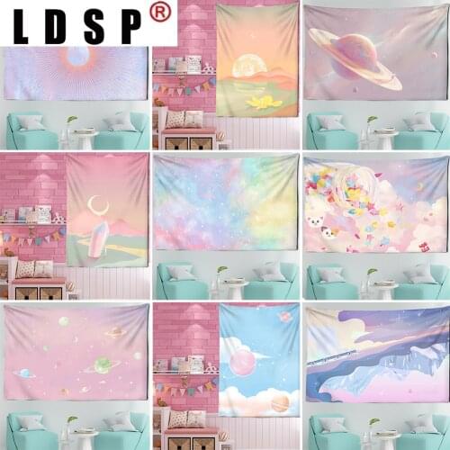 LDSP Pink Moon Starry Universe Tapestry Wall Hanging Covering Rugs Background Cloth Beach Mat Blanket Art Bedroom Living Decor