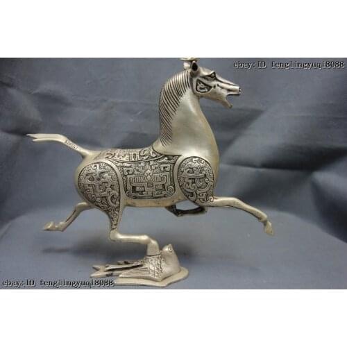 Healing Rare Old Folk White Copper Silver Horse Stepping on Flying Swallow Horse Statue Garden Decoration 100% real Brass Bronze