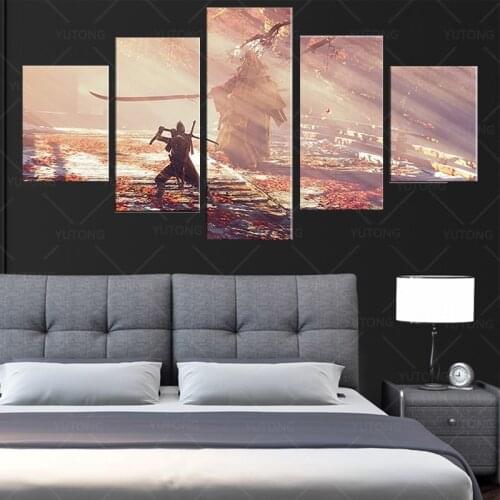5 Piece HD Ninja Picture Painting Wolf Sekiro Shadows Die Twice Video Game Poster Wall Canvas for Bedroom Living Room Library Of