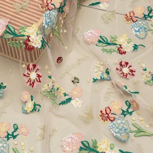 LASUI 2019 new 1 yard=1 piece High-grade embroidery lace fabric Light pink net -gold thread dandelion DIY fashion dress X0592