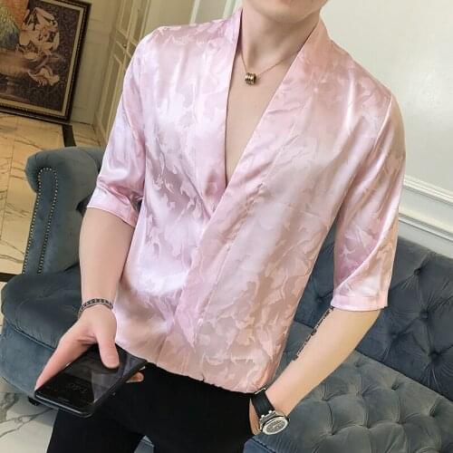 Summer Mens Casual Jacquard Shirt Half Sleeve Deep V Neck Nightclub Leisure Tops Chiffon