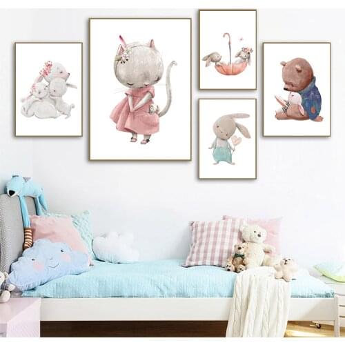 Bear Rabbit Art Canvas Print Baby Bunny Poster Nursery Painting Flower Animals Wall Art Nordic Poster Picture Kids Room Decor