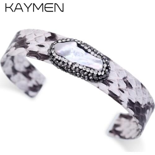 Fashion Imitation Snake Leather Inlaid Irregular Pearl and Rhinestones Cuff Bracelet Bangle Chram Jewelry for Gilrs