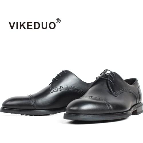 VIKEDUO Plain Black Full Cow Leather Handmade Dress Shoes For Men Formal Patina Mans Footwear Round Toe Flat Zapatos de Hombre