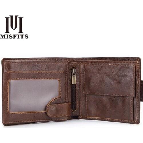 MISFITS Genuine Leather Wallet Men with Coin Pocket Vintage Short Purse For Male Carteira Masculina Card Holder Zipper Money Bag
