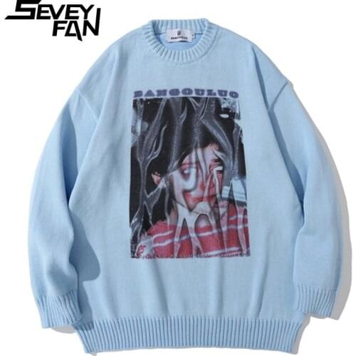 SEVEYFAN Mens Funeral Character Printed Sweater Streetwear Loose Cotton Pullover Knitwear for Couples
