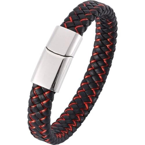 New Men Trendy Bracelet Jewelry Black Red Mixed Weave Leather Bracelet Stainless Steel Magnetic Clasp Male Bangles PD0013