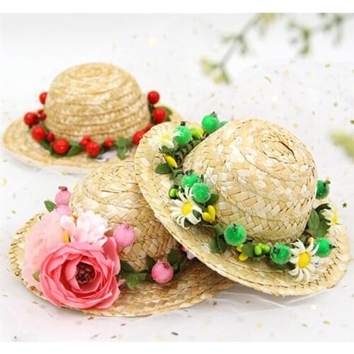 Pet Straw Sunhat Cute Woven Straw Hat Costume Hat Flower Berry Cute Dog Straw Hat Cat Hat