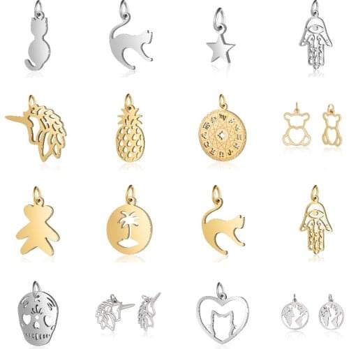 5Pcs 201 Stainless Steel Cat Bear Dolphin Owl Sun Star DIY Pendant Charms For Women Men Necklace Bracelet Earring Jewelry Making