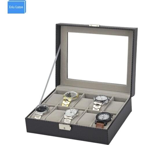 Black Nice Carbon Fiber 10 Slots Jewelry Watch Box Large 10 Mens Leather Display Glass Top Jewelry Case Organizer with Locky&Key