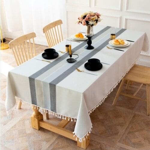 Modern Simple Stitching Striped Tablecloth White Fringed Edge Cotton And Linen Party Wedding Table Cloth TV Cabinet Cover Cloth