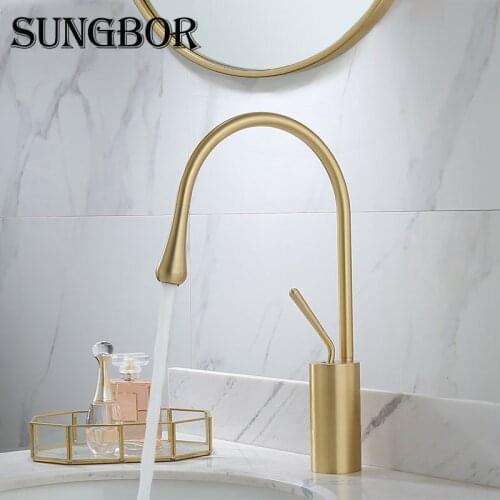 Basin Faucets Brushed Gold Color Bathroom Mixer Tap Brass Wash Basin Faucet Single Handle Single Hole Crane For Bathroom AL-2721