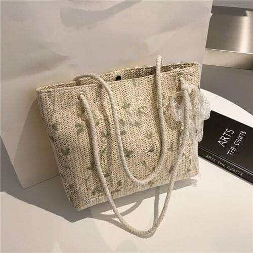 Womens Shoulder Bag High Capacity New Summer Straw Beach Bow Lace Tote Female Handbags Large Shopper Bags