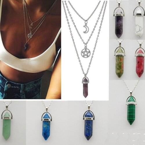 Three layers Necklace Silver Disc Star moon with Hexagon crystal prism pendant silver plated Metal Chain Fashion necklace