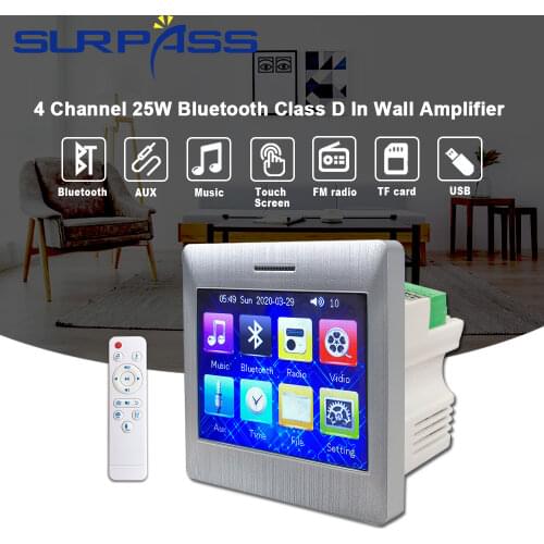 4 Channel 25W Bluetooth Class D In Wall Amplifier Audio Touch Screen for Speaker Smart Home Theater Cinema System FM Radio Aux