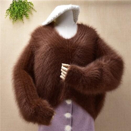 Top quality female women winter thick hairy mink cashmere knitted long sleeves v-neck loose pullover angora fur striped sweater