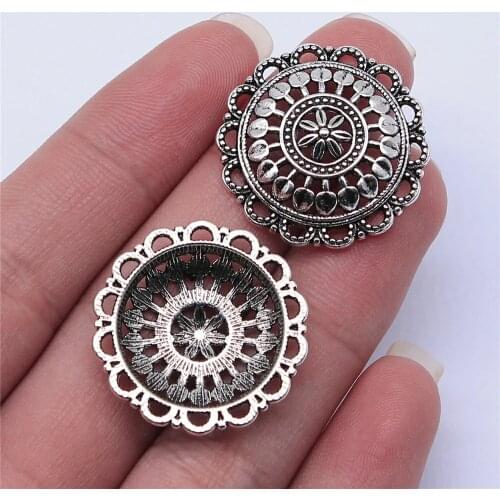 WYSIWYG 5pcs 27x27mm Antique Silver Color Round Hollow Flower Charms Pendant For Jewelry Making DIY Jewelry Findings