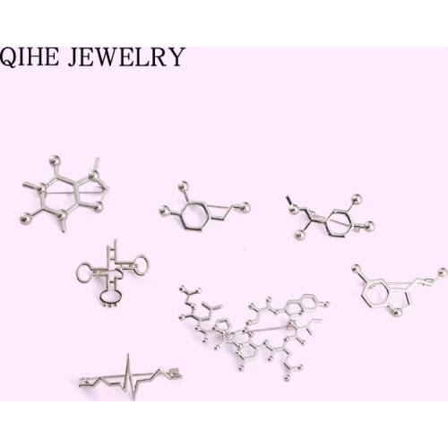Serotonin Molecules Gene Chain Pins Silver Color Metal Brooches Backpacks Clothes Lapel Pin Badge Jewelry Gift for Kids Friends