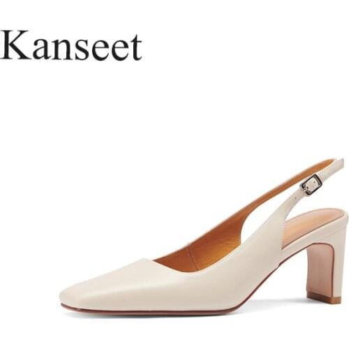 Kanseet 2021 New Arrival Women Shoes Summer Autumn Buckle Strap Genuine Leather Elegant Handmade Square Toe High Heels Sandals