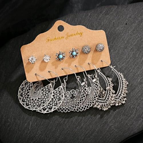 6PCS/Lot Womens Ethnic Silver Color Alloy Dangle Earrings Gypsy Fashion 2020 Ear Charm Tassel Ladies Earrings Jewelry