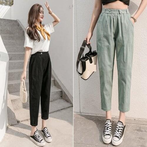 2021 Summer Cotton Hemp Pleated Elastic Waist Women Trousers Streetwear Green Black Autumn Thin Plus Size Linen Pants