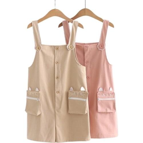 Solid Pure Chic Pocket Cotton Overalls Women 2021 Summer Sleeveless Sweet Style Korean Ladies Knee Length Kawaii Cute Jumpsuits