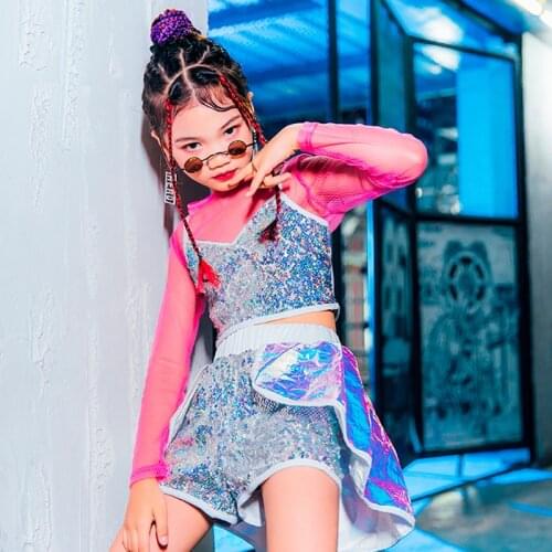 Girls Sequins Vest Laser Shorts Jazz Hip Hop Dancing Clothign Street Dance Performance Costume Suit Catwalk Show Outfits YS1727